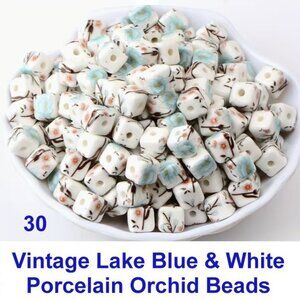 Vintage Lake Blue & White Porcelain Orchid Beads  30 Beads